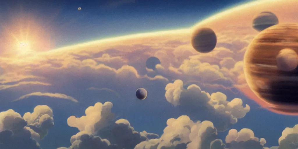 Image similar to blue dreamy cloudscape with a single planet in the clouds, daylight, cinematic lighting, cinematic perspective, syd mead, john harris, federico pelat,