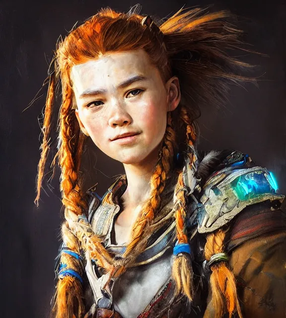 Prompt: beautiful oil portrait of aloy from horizon zero dawn, by rembrandt