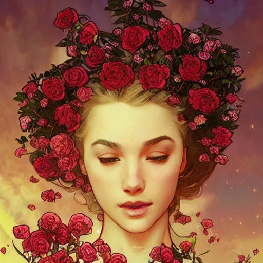 Image similar to meteorite made out of roses flying over the sky, roses trail, greg rutkowski, sharp focus, art by artgerm, alphonse mucha