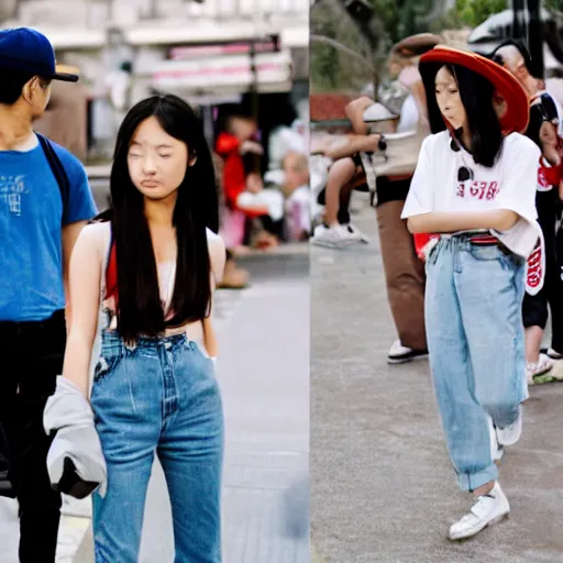 Image similar to street photography 6 young asian women wearing white sneakers, high waisted mom jeans, tucked in t - shirt, baseball cap, ponytails