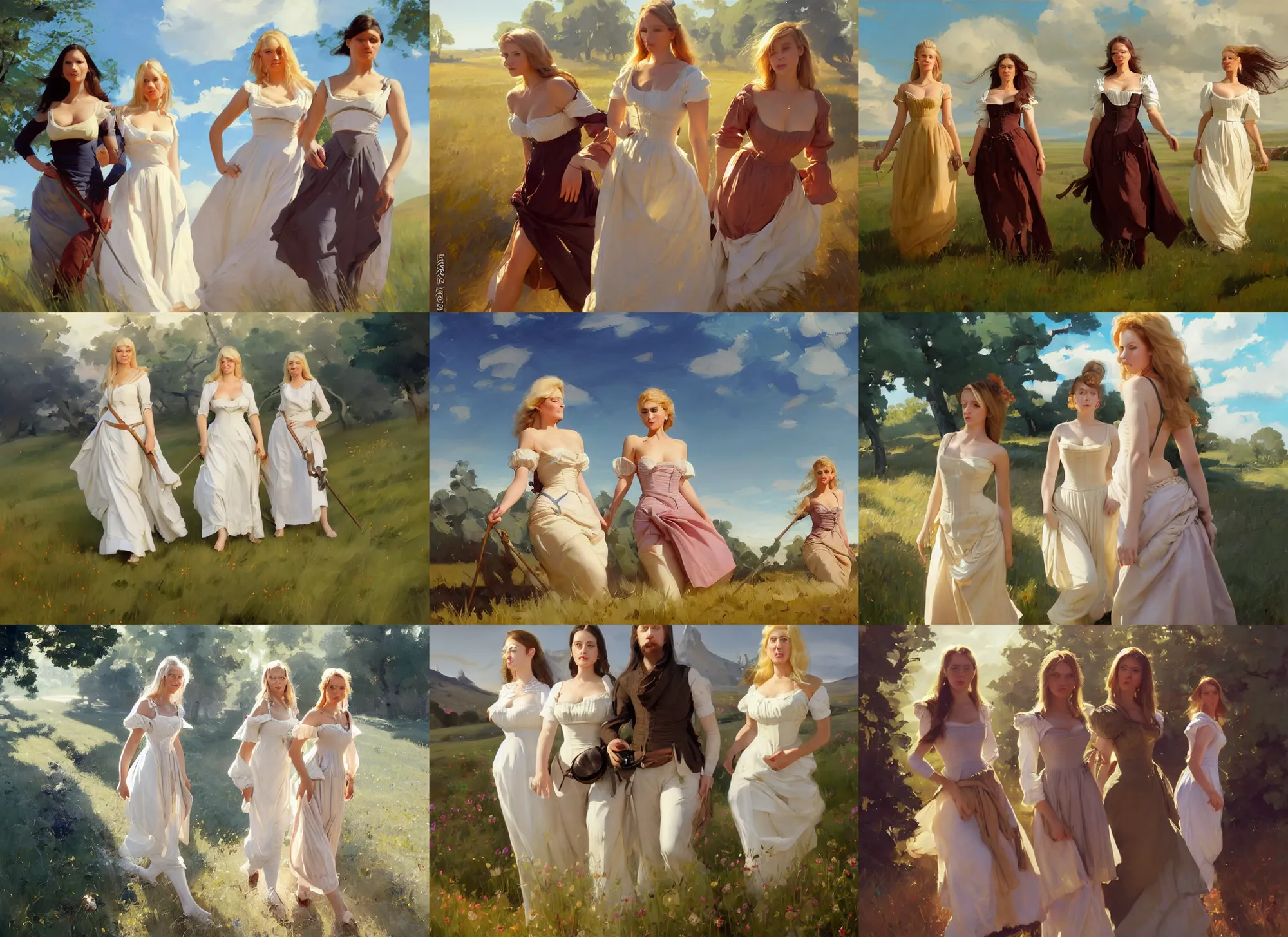 Prompt: three beautiful finnish norwegian swedish scandinavian attractive glamour models wearing 1 7 th century bodice with low neckline walking in the feild in a sunny day, jodhpurs greg manchess painting by sargent and leyendecker, studio ghibli fantasy high - angle shot asymmetrical intricate elegant matte painting illustration hearthstone, by greg rutkowski by greg tocchini by james gilleard