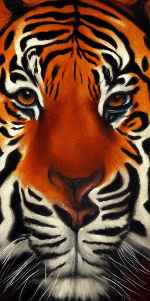 Image similar to cinematic and highly detailed oil painting of a tiger by josep tapiro baro and edward hopper, trending on artstation, vivid oil painting masterpiece, symmetry, mysterious, very very very aesthetic