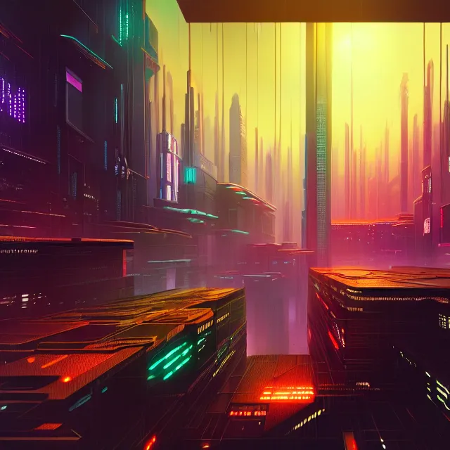 Image similar to a cyberpunk blockchain city, chains connecting separate blocks, blockchain, symmetry, intricate, volumetric lighting, beautiful, rich deep colors masterpiece, sharp focus, ultra detailed, in the style of john harris
