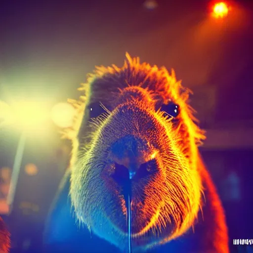 Image similar to capybara wearing shades in a night club, trippy club lighting