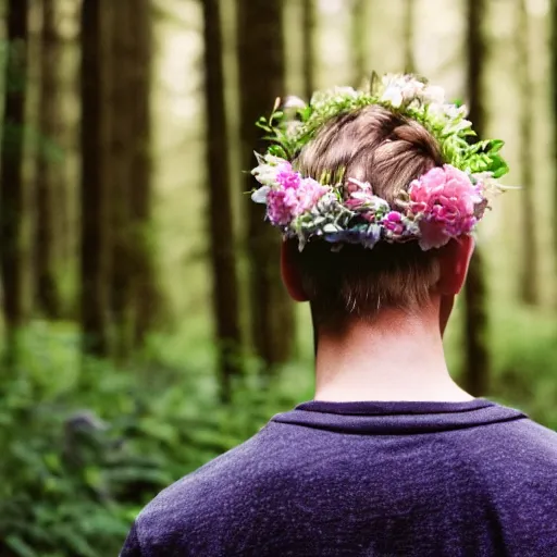 Image similar to close up kodak portra 4 0 0 photograph of a skinny blonde guy standing in dark forest, back view, flower crown, moody lighting, telephoto, 9 0 s vibe, blurry background, vaporwave colors, faded!,