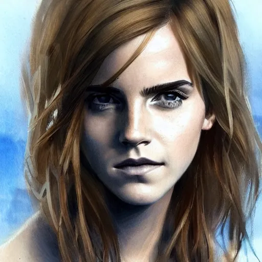 Image similar to portrait of emma watson, en profil, highly detailed, blue hues, greg rutkowski