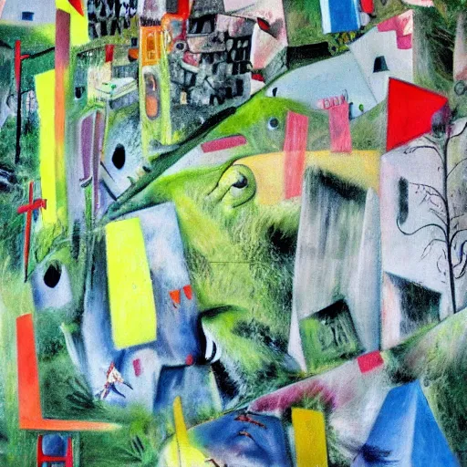 Prompt: paisaje de santiago de chile pintado al estilo de Roberto Matta , oleo sobre tela