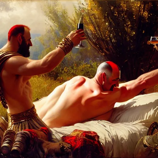 Image similar to ares the god of war tickles achilles the champion on a feather bed in a meadow, dionysus drinks wine in the background she is smirking, painting by gaston bussiere, craig mullins, j. c. leyendecker, tom of finland