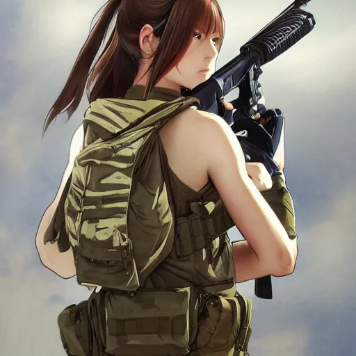 Prompt: soldier girl, british army, anime style, long hair, hair down, symmetrical facial features, girls frontline cg, hyper realistic, pale skin, 4 k, rule of thirds, extreme detail, detailed drawing, trending artstation, hd, backpack, d & d, realistic anatomy, by alphonse mucha, greg rutkowski, sharp focus, backlit