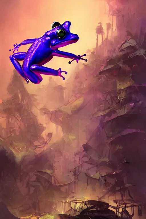 Image similar to flying frog punch, in the style of jill bauman and stephan martiniere, trending on artstation, dramatic purple lighting low angle view concept art, award - winning, steampunk, in the golden hour, metaphysical art