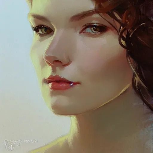 Image similar to painted portrait of a beautiful woman by artgerm, gil elvgen, greg manchess, mucha