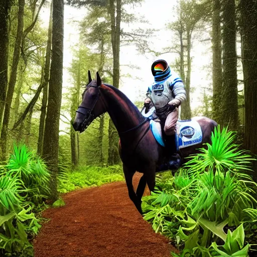 Image similar to a photo of an astronaut riding a horse in the forest. there is a river in front of them with water lilies.