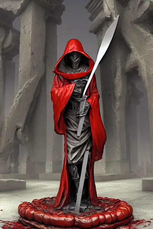 Image similar to a statue of a hooded cultist is holding a bloody knife in one hand and a tomato on the other, standing in a forgotten temple to an eldritch god, by patrick mcenvoy and michael komarck and fantasy flight, incredible quality, trending on artstation