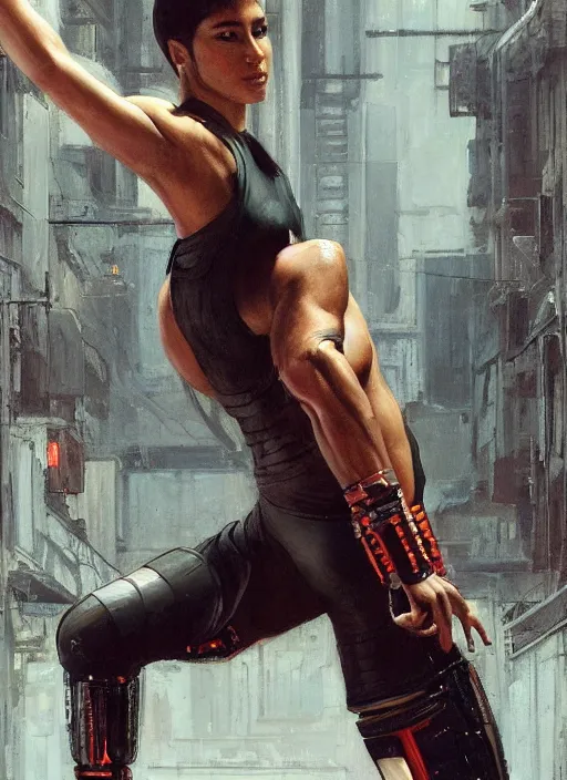 Prompt: buff cyberpunk olympic kickboxer with robotic legs wearing a jumpsuit ( blade runner 2 0 4 9, cyberpunk 2 0 7 7 ). orientalist portrait by john william waterhouse and james gurney and theodore ralli and nasreddine dinet, oil on canvas. cinematic, hyper realism, realistic proportions, dramatic lighting, high detail 4 k