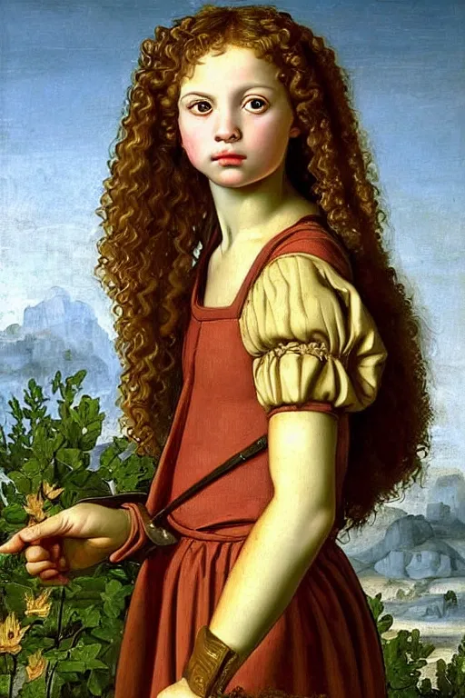 Prompt: renaissance painting of young girl soldier in the garden, closeup, curly long hair, face closeup, emotions closeup, dressed in roman armour, the beautiful garden with maple leaves everywhere, ultra detailed, art by guido reni style, vincenzo catena style