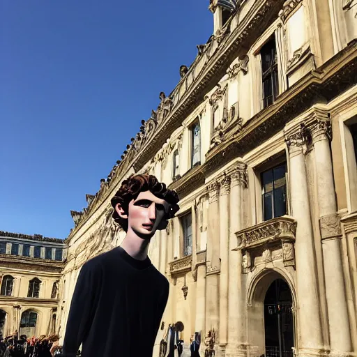 Prompt: the giant sculpture of Timothee Chalamet's head outside of the Louvre