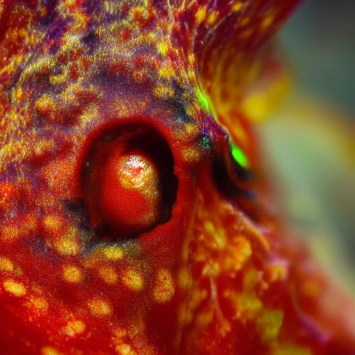 Image similar to fiery whimsical emotional eyes cephalopod, in a photorealistic macro photograph with shallow dof