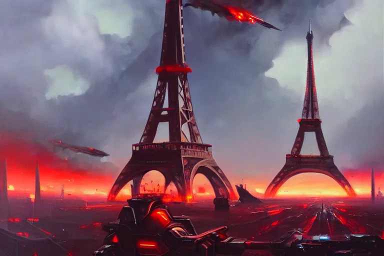 Prompt: grim oil painting of weaponized futuristic battlefield in front of the eiffel tower magali villeneuve, trending on artstation
