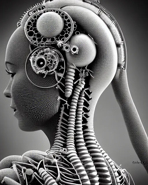 Image similar to mythical black and white organic bio-mechanical spinal ribbed profile face portrait detail of silver mechanical beautiful female angelic-queen-vegetal-cyborg, highly detailed, intricate steampunk flower ornate, poetic, 3D render, digital art, octane render, 8K artistic photography, photo-realistic, by Dora Maar