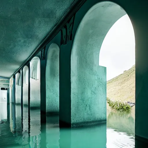 Image similar to a room flooded with blue green water, curved hallway, white ceramic tiles, dark, surreal, liminal,