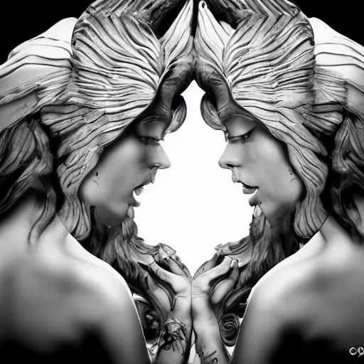 Image similar to devil and angel in mirrored pose, dramatic scene, 8 k, high quality, realistic, 3 5 mm photography