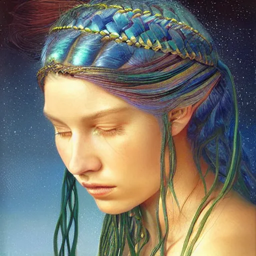 Prompt: A beautiful portrait of a woman with iridescent skin by James C. Christensen, scenic environment and blue braided hair