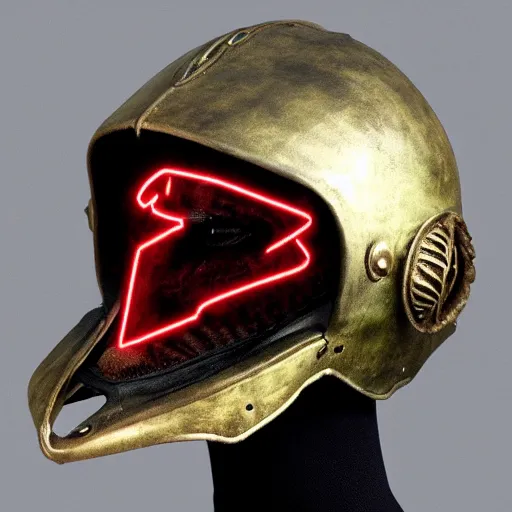 Prompt: cyberpunk frog-mouth medieval helmet