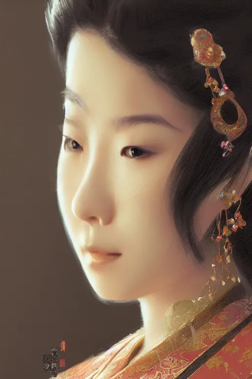 Prompt: Japanese princess, gorgeous, close-up portrait, intricate, elegant, volumetric lighting, scenery, digital painting, highly detailed, artstation, sharp focus, illustration, concept art, ruan jia, steve mccurry