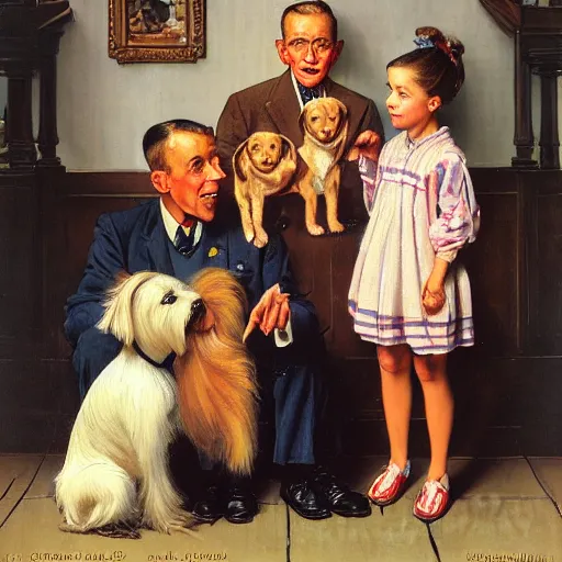 Prompt: happy family of three, middle aged white couple with a teen daugther holding a Yorkshire Terrier, painted by Norman Rockwell