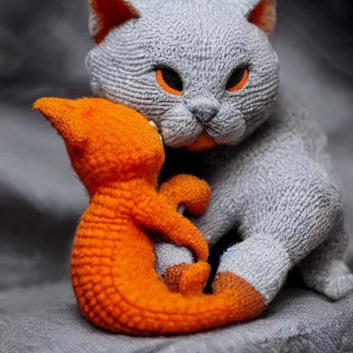 Image similar to tiny dragon snuggling orange tabby cat, orange tabby hugging tiny dragon