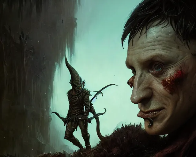 Image similar to highly detailed portrait of robin lord taylor as a fantasy goblin, in skyrim, stephen bliss, unreal engine, fantasy art by greg rutkowski, loish, rhads, ferdinand knab, makoto shinkai and lois van baarle, ilya kuvshinov, rossdraws, tom bagshaw, global illumination, radiant light, detailed and intricate environment