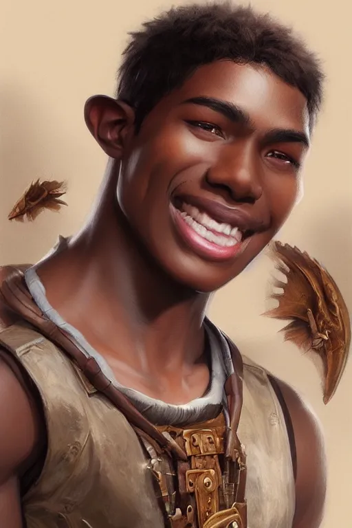 Prompt: young teenager boy with straight short brown hair, dark skin, big lips, smiling. highly detailed, d & d, fantasy, highly detailed, digital painting, trending on artstation, concept art, sharp focus, illustration, art by artgerm and greg rutkowski and fuji choko and viktoria gavrilenko and hoang lap