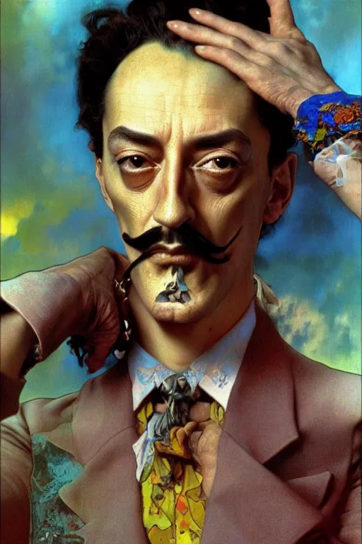 Image similar to Salvador Dali soft self-portrait. colorlpunk art and illustration by tian zi and craig mullins and WLOP and alphonse mucha, fantasy, intricate complexity, hyperrealism 8k