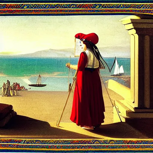 Image similar to A girl with jester hat and clothes on a greek archi circle on the front of a Balustrade with a beach and a sail boat on the background, major arcana cards, by paul delaroche, hyperrealistic 8k, very detailed