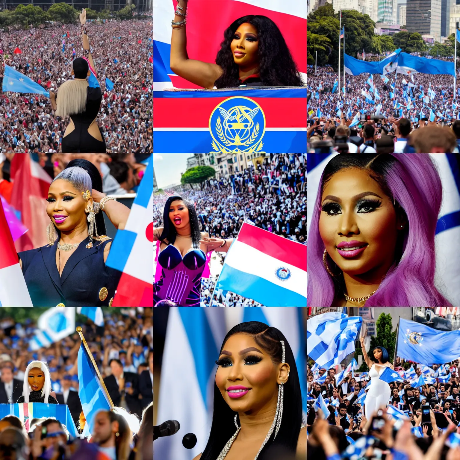 Prompt: Nicki Minaj president in a Argentina presidential rally forefront, background out of focus, 100mm, Argentine flags behind her, super detailed picture, hd