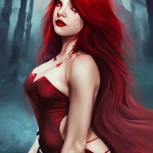 Image similar to princess of darkness, style of artgerm comic, piercing eyes, long glowing red hair, waterhouse, character art, matte