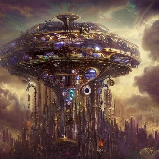 Prompt: flying city in a mechanical flower, detailed, sky, fantasy art, steampunk, masterpiece