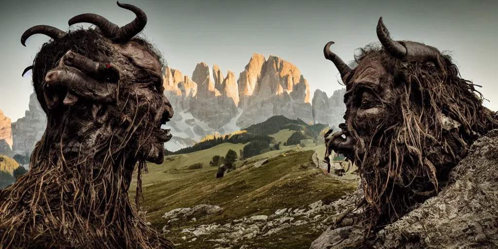 Image similar to historical sharp 4 k photograph of a tyrolean farmer turning into a grotesque monster with goathorns and roots growing from his face, dolomites in the background, dark, eerie, grainy