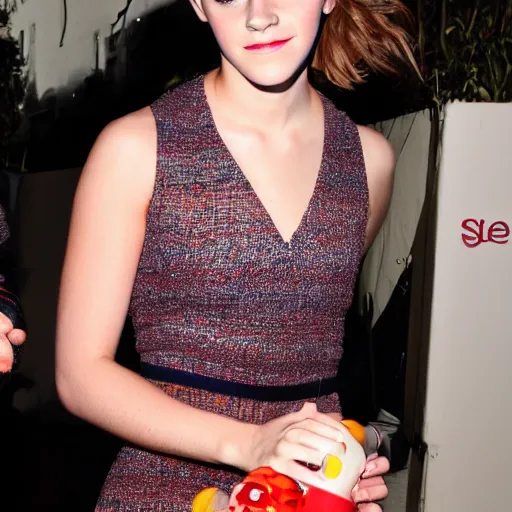 Image similar to Emma Watson wearing Furby with ketchup