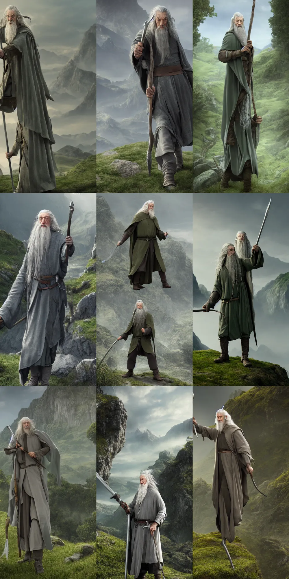 Prompt: character Gandalf Gray with a staff in his hands, full body, green hills in the background. Detailed and realistic, 4k, top-artstation, inspired lord of the rings, octane render