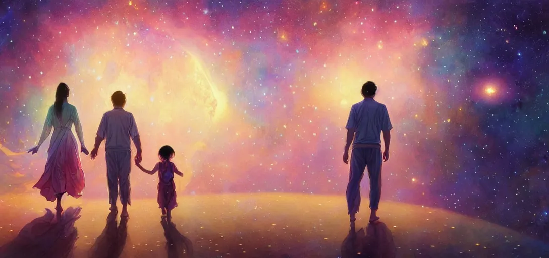 Prompt: asian man and woman and child in galaxy walking towards pagoda surrounded by nebula, highly detailed, gold filigree, romantic storybook fantasy, soft cinematic lighting, award, disney concept art watercolor illustration by mandy jurgens and alphonse mucha and alena aenami, pastel color palette, featured on artstation