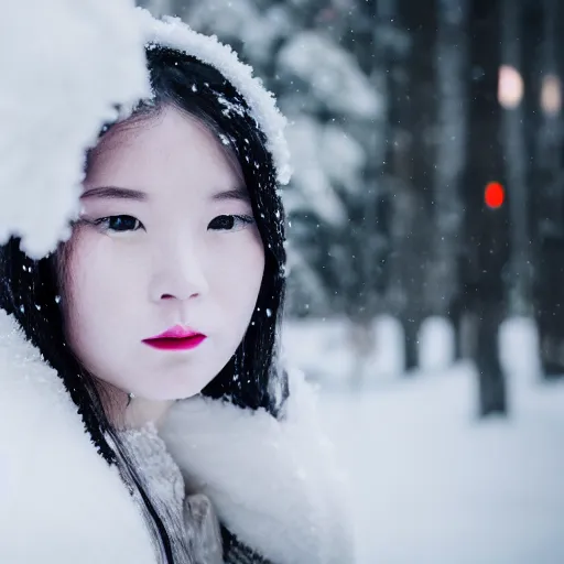 Prompt: the piercing stare of yuki onna, snowstorm, blizzard, mountain snow, canon eos r 6, bokeh, outline glow, beauty