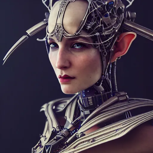 Prompt: dieselpunk robotic elvish empress, extremely detailed, hyperrealistic, intricate, soft light, fantasy, d & d, digital painting, art station, by wlop, octane render, unreal engine, 4 k