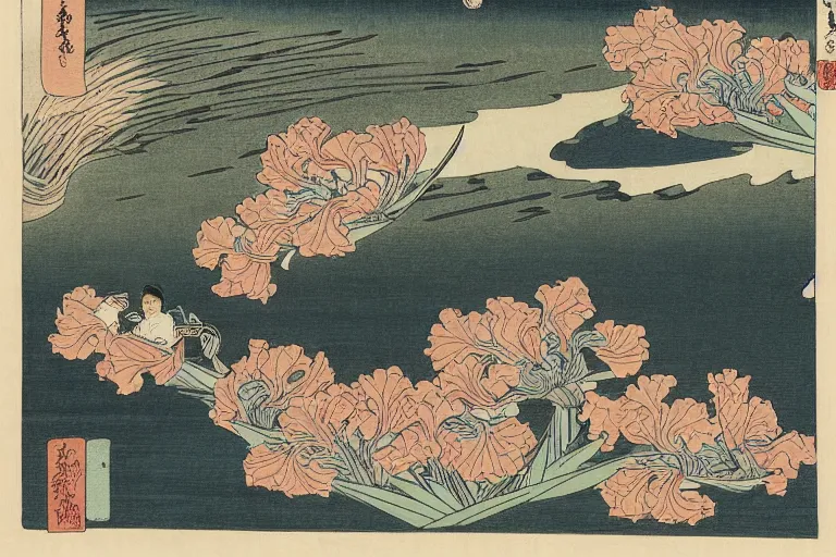 Image similar to an amazing ukiyoe drawing of a poetic scene with irises by katsushika hokusai and utagawa hiroshige, masterpiece, hyperdetailed!!!, intricate, complex, closeup, 4 k