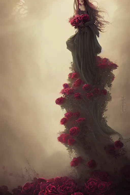 Image similar to elegant fairytale tower covered in roses, full body portrait of medieval princess, cottagecore, nostalgia of a fairytale, Exquisite, dramatic lighting, black paper, by Charlie Bowater, Anato Finnstark, Brom