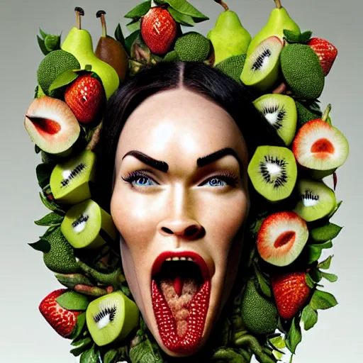 Image similar to megan fox vegan editorial by malczewski, character sculpture by arcimboldo, stil frame from'cloudy with a chance of meatballs 2'( 2 0 1 3 ) of fruit dryad, fruit hybrid megan fox editorial by alexander mcqueen and arcimboldo