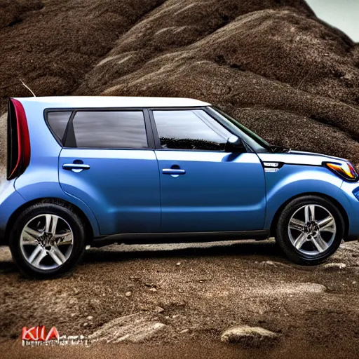 Image similar to Kia Soul, Professional Photography, Lifted, Big Tires, Skyrim, Rock Crawling, Mountain landscape, dirt, road, cinematic color, photorealistic, highly detailed wheels, highly detailed