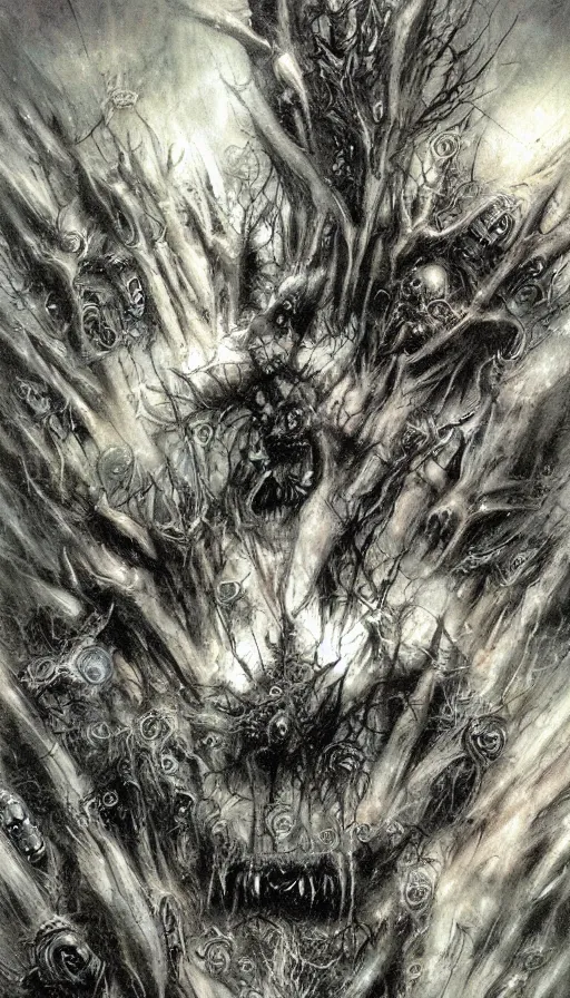 Image similar to a storm vortex made of many demonic eyes and teeth, by luis royo,