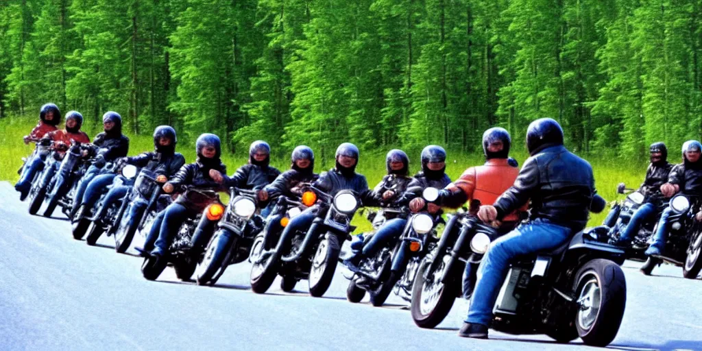 Prompt: motorcycle gang riding in finland, summer, moebius style