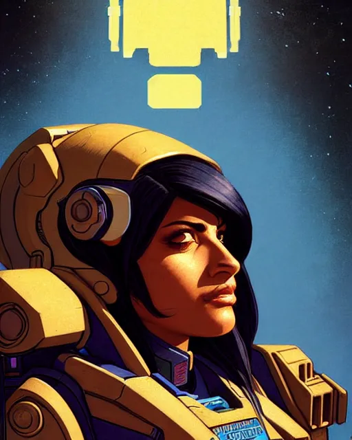 Prompt: pharah from overwatch, battletech, character portrait, portrait, close up, concept art, intricate details, highly detailed, vintage sci - fi poster, retro future, vintage sci - fi art, in the style of chris foss, rodger dean, moebius, michael whelan, and gustave dore